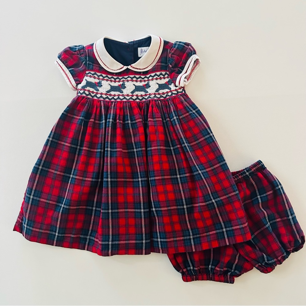Rachel Riley 6 Months Baby Girl Scottie Dog Red Plaid Smocked Dress